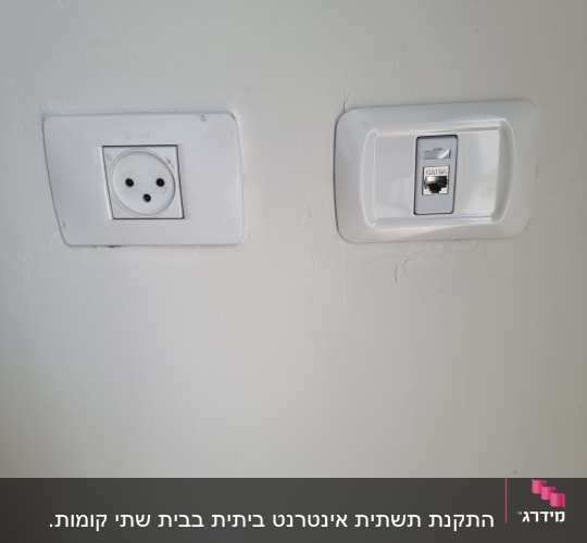 שקע חשמל ושקע רשת על קיר לבן